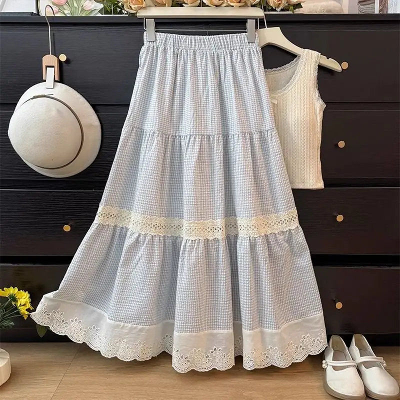 

Милая кружевная лоскутная юбка с цветными блоками для женщин, свободная многослойная юбка миди с высокой талией