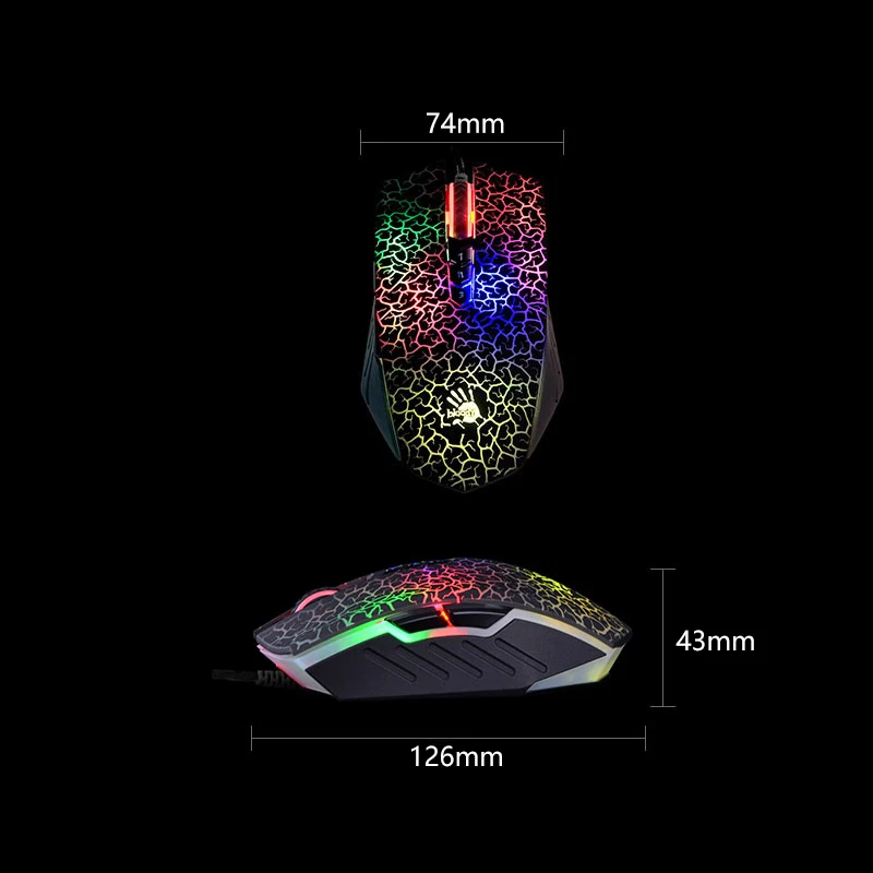 ماوس ألعاب A70 Bloody Light Strike Black، 100-6200 CPI قابل للتعديل، 6 أوضاع قنص، حذاء درع معدني متين X Glide