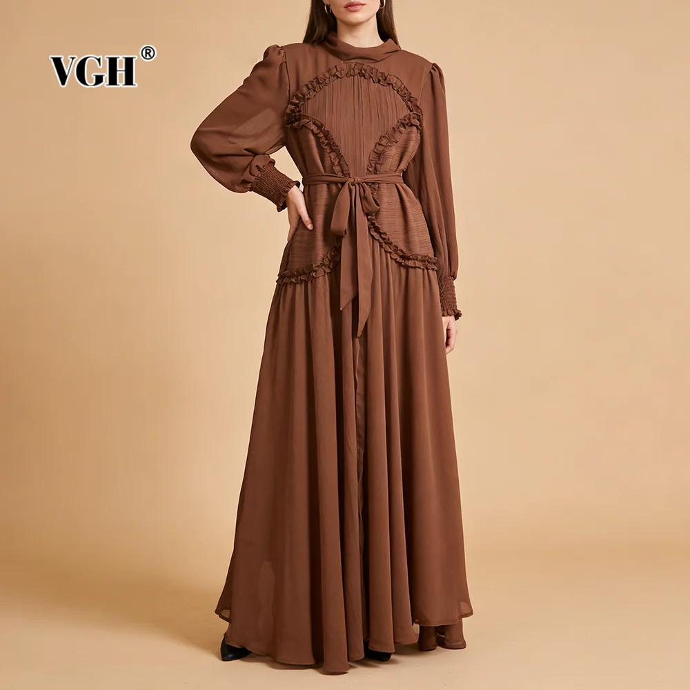 

VGH Romantic Dates Красные женские платья макси с высоким воротником, рюшами, пышными рукавами, завязками на талии и плиссированным лифом для праздничных вечеринок