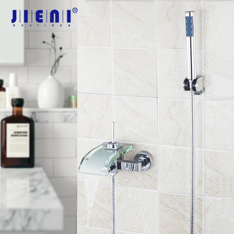 

JIENI Wall Mounted Waterfall Single Lever Dual Control Chrome Clear Glass Spout With Handheld Shower Brass Bathtub Mixer Faucet
