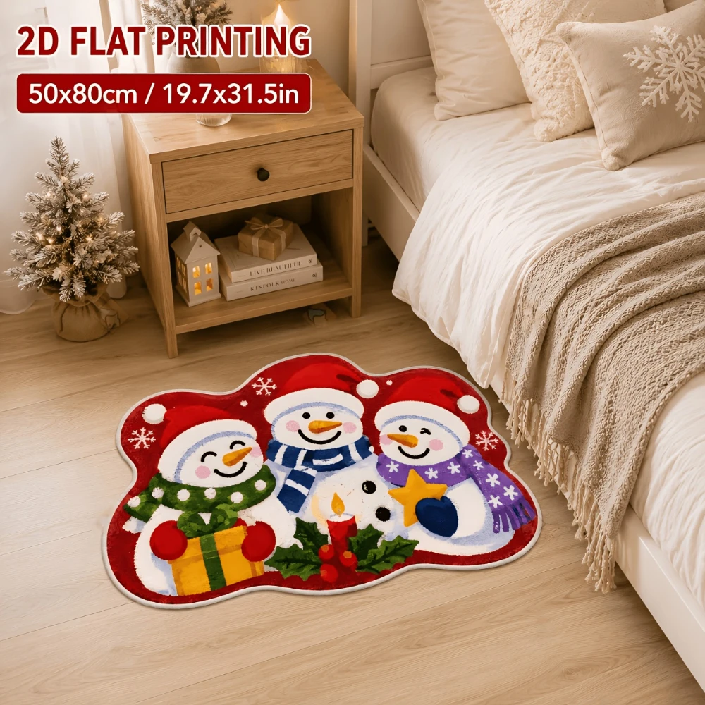 Blue Pink Snowman Trio Rug Irregular Cute Holiday Welcome Entrance Doormat Winter Vibes Christmas Shaped Floor Mat