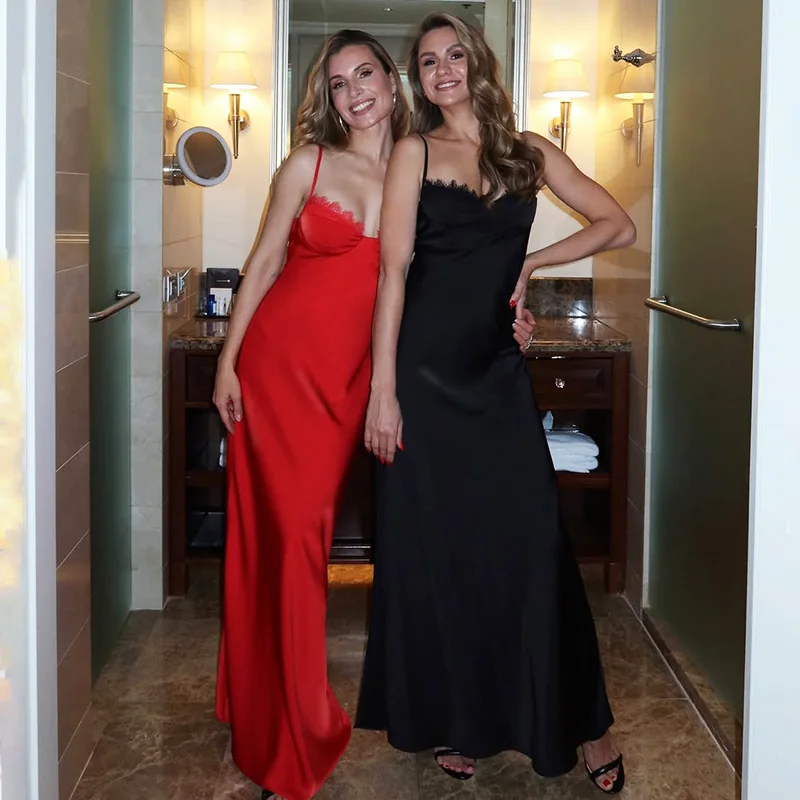 Ticketsx موضة الخامس الرقبة سبليت سليم فستان طويل أنيق الساتان الدانتيل المرقعة فستان فاخر جديد حفلة سهرة عطلة فستان المرأة #6