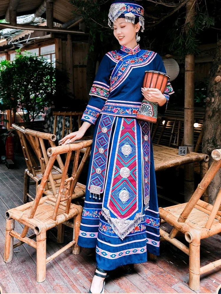 Vêtements de la minorité Yunnan pour adultes, vêtements traditionnels pour femmes, robe longue de littérature, danse Aa Ao Zhuang, nouveau, ensemble 3 pièces