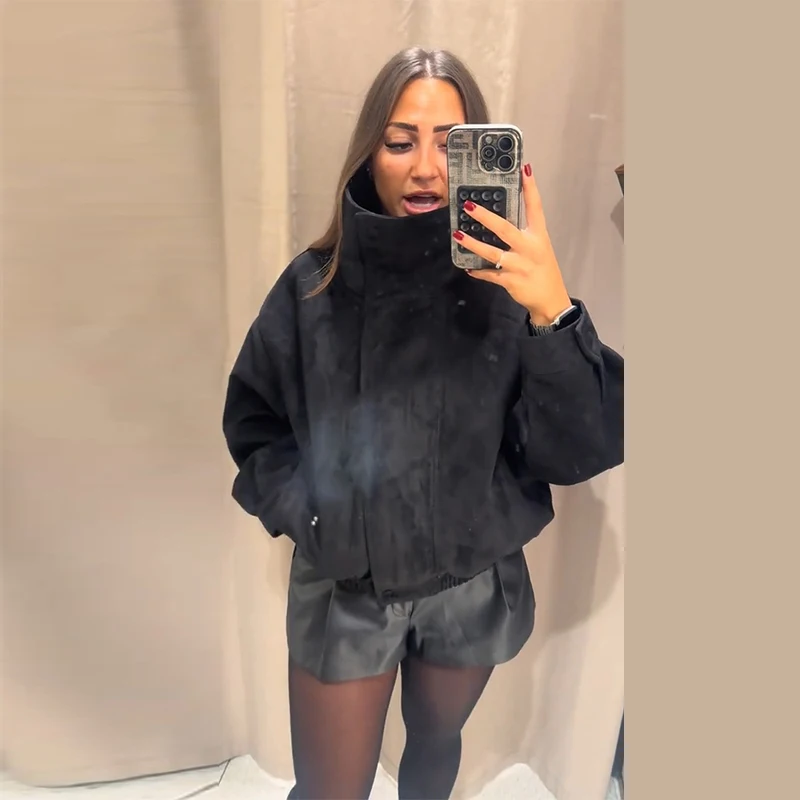 Oversize-Mäntel für Damen, Stehkragen, seitliche Knopfleiste, lange Ärmel, Jacken mit Reißverschluss, Herbst, Damen, geraffte, einfarbige, lockere Jacke, neue Oberbekleidung – Detail 10