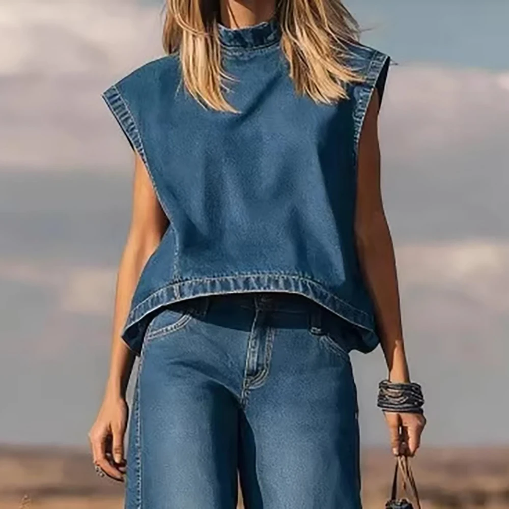 

Women's Vintage Western Denim Vest Top Two Piece Set Solid Crew Neck Sleeveless Loose T-Shirt With Wide Leg Pants Y2K Sets