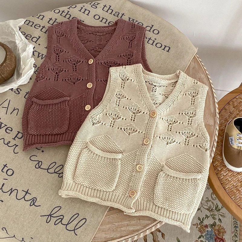 

Autumn Baby Boys Girls Sleeveless V-neck Hollow Out Vest Cardigan Coat Infant Kids Baby Girls Knitted Cardigan Coat