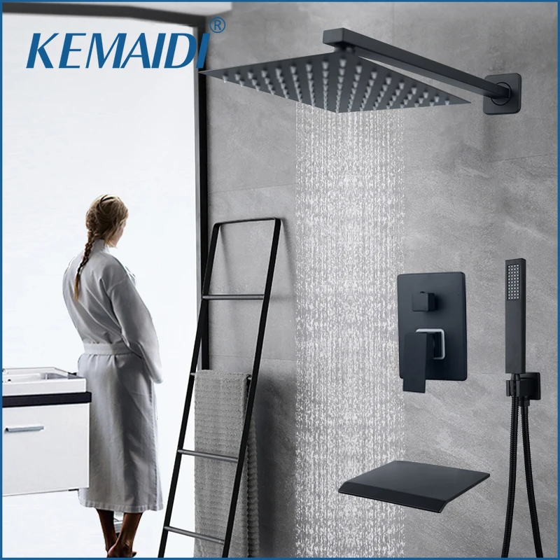 

KEMAIDI Matte Black Bathroom Shower Faucets Wall Mounted Rainfall Shower Systerm Waterfall Hot Cold Water Mixer Bathtub Tap