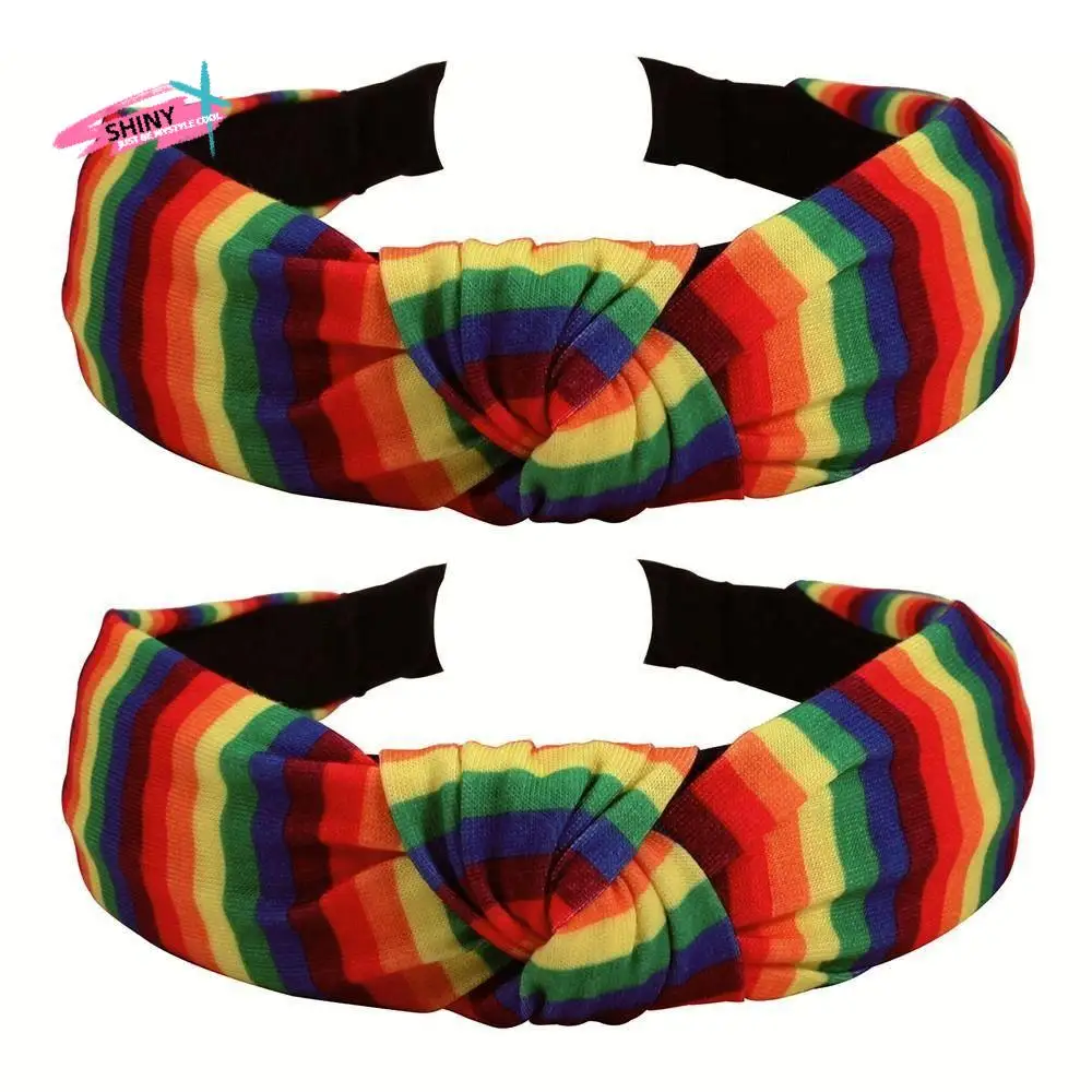 

2Pcs Colorful Rainbow Striped Hair Hoop Elegant Cute Rainbow Striped Headband Durable Soft Festive Party Hair Accessory