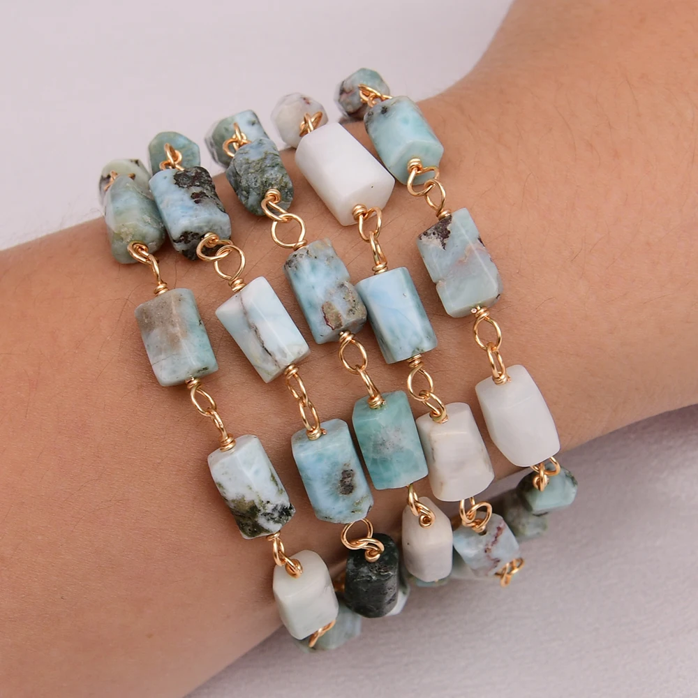 G-G 5 Rows Natural Blue Larimar Gems Cylinder Faceted Nugget Bracelet Gold Plated CZ Chain Clasp Handmade For Lady