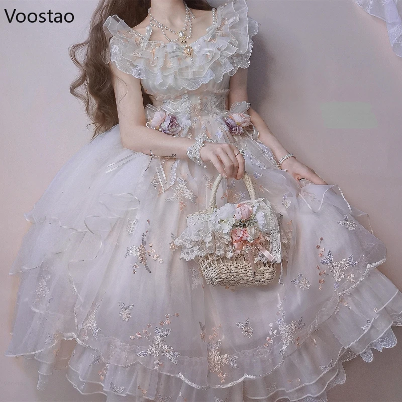 ヴィンテージロリータフローラルレースのウェディングドレス,日本の女性のための愛らしいレースの花の刺繍,プリンセス,パーティー