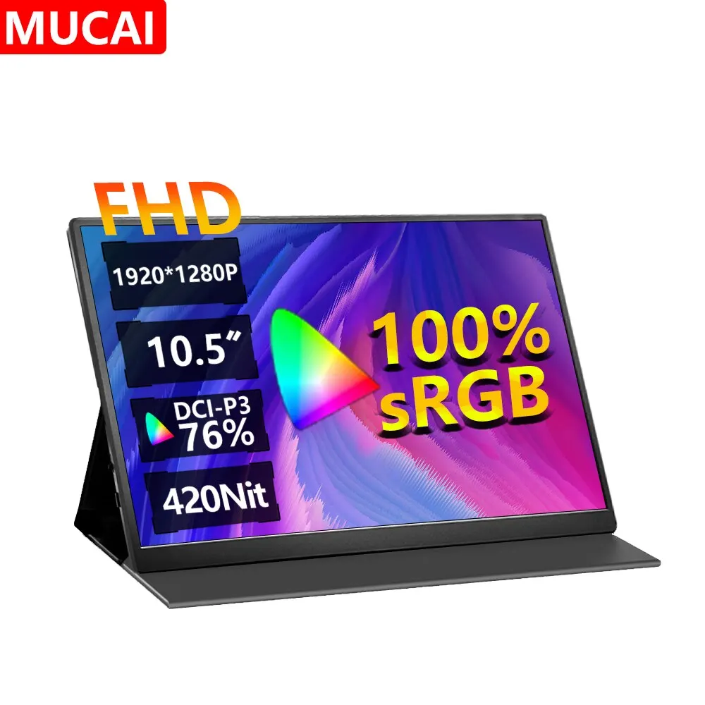 MUCAI 10.5 인치 1280P 울트라 휴대용 모니터 16:10 IPS 60Hz 게임 화면 100% SRGB 420Cd/m ² 노트북 Mac Xbox PS4/5 스위치 디스플레이