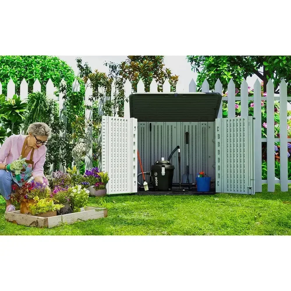Weatherproof Horizontal Outdoor Storage Cabinet, Lockable, 26 Cu. Ft. Ivory White