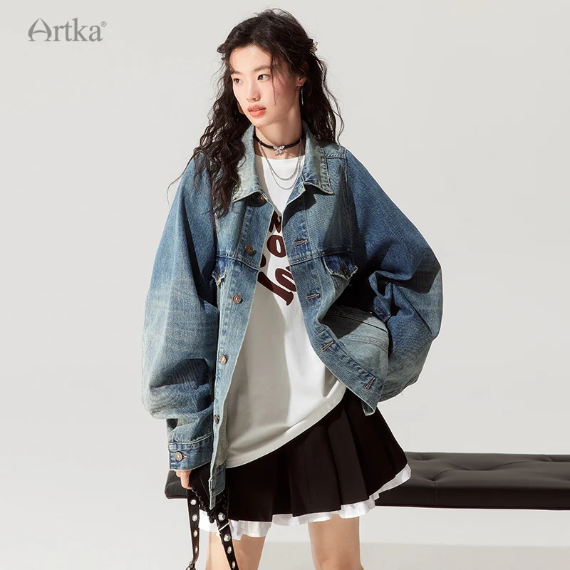 ARTKA 2023 Autumn New Women Denim Jacket Fashion Casual Streetwear Jackets Oversize Vintage Washed Denim Jacket Coat WN92337Q