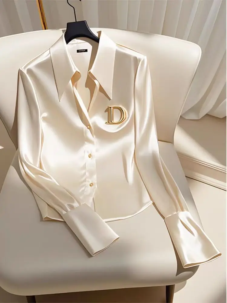 New Satin blouses single-breasted long OL Office Ladies Elegant blouses French Solid blouses Korean Chic Tops