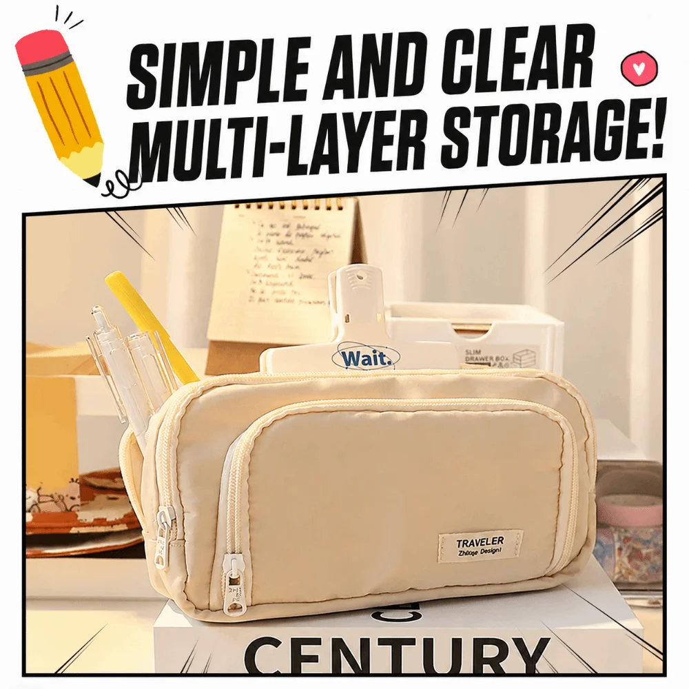 Large Capacity Pencil Case Multi Layer Compartment Oxford Stationery Bag Front Window Solid Color Cosmetics Bag Student Supplies