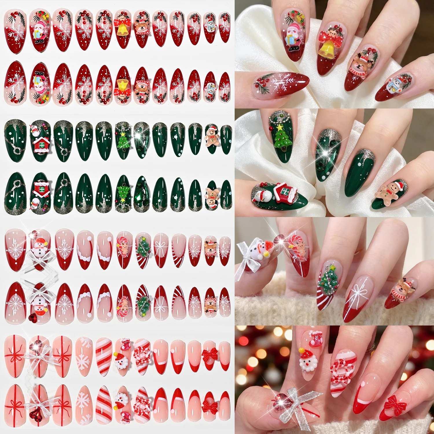 96Pcs Christmas Almond Press On Nails 3D Cartoon Santa Snowman Gingerbread Man False Nails Red Green Xmas Full Cover Fake Nails