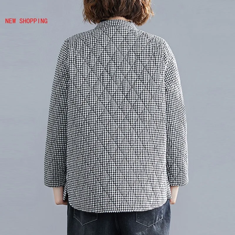 Autumn Winter Women Casual Warm Thicken Cotton Coats New 2024 Vintage Plaid Loose Long Sleeve Short Jackets Parkas Plus Size 5XL