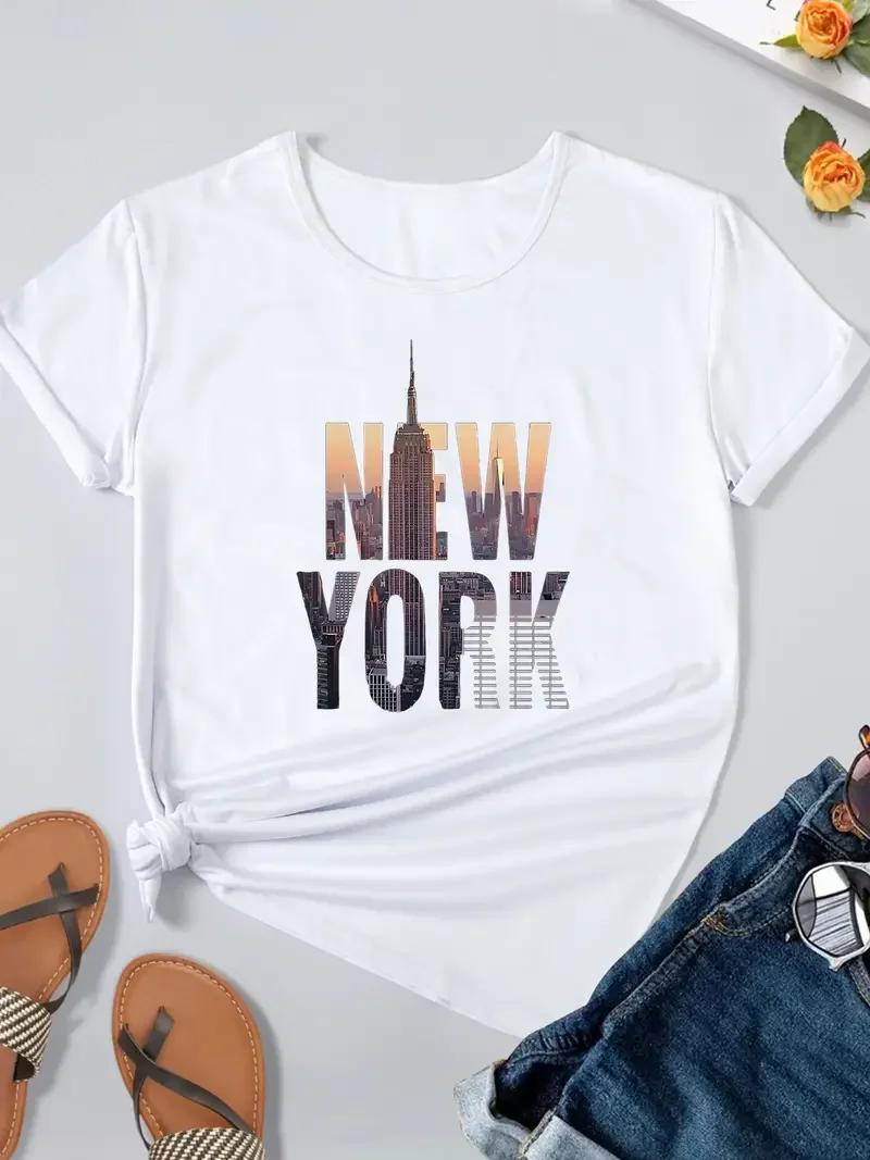 New York Architecture Fashion Brand Short sleeved Casual Women's Fashion Women's Pattern T-shirt Women's Printed Summer T-shirt