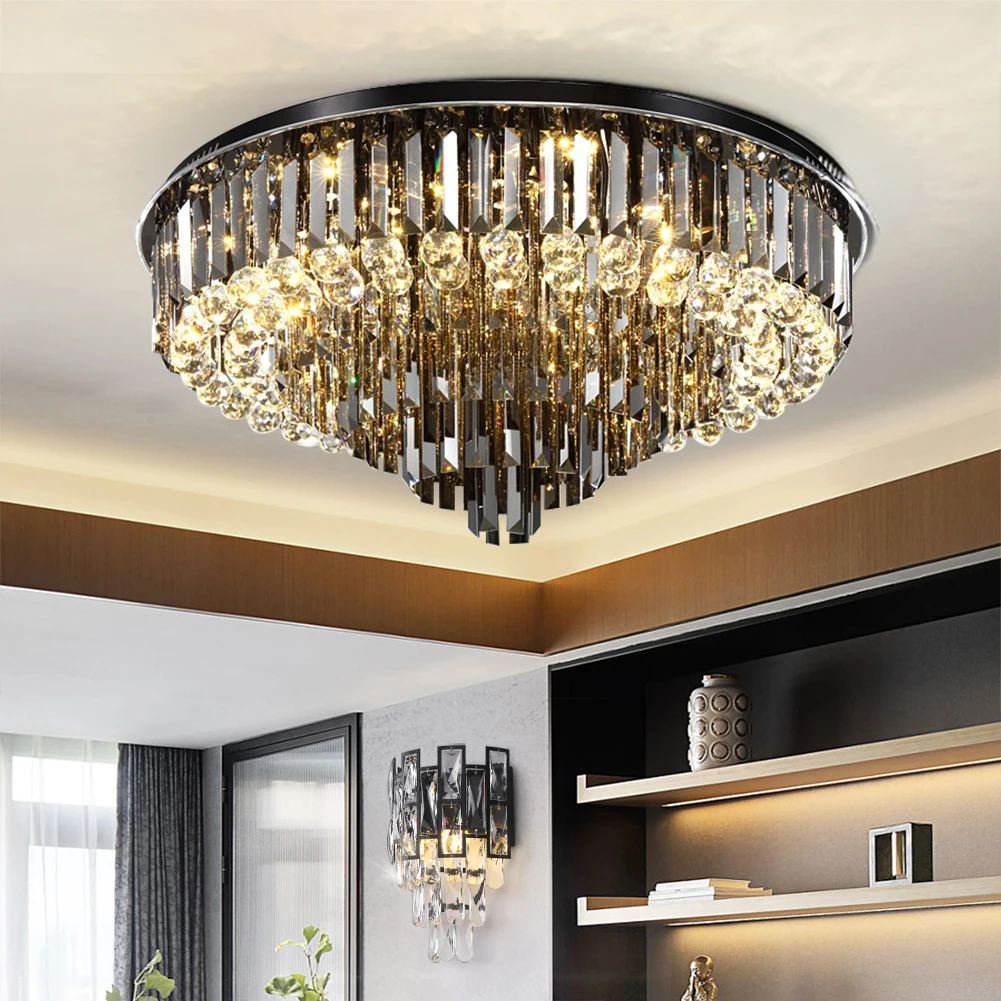 

Luxury Crystal Led Ceiling Chandelier Big Living Room Pendant Lamp Modern Smoky Gray Clear Cristal Lighting Fixture Round Lustre