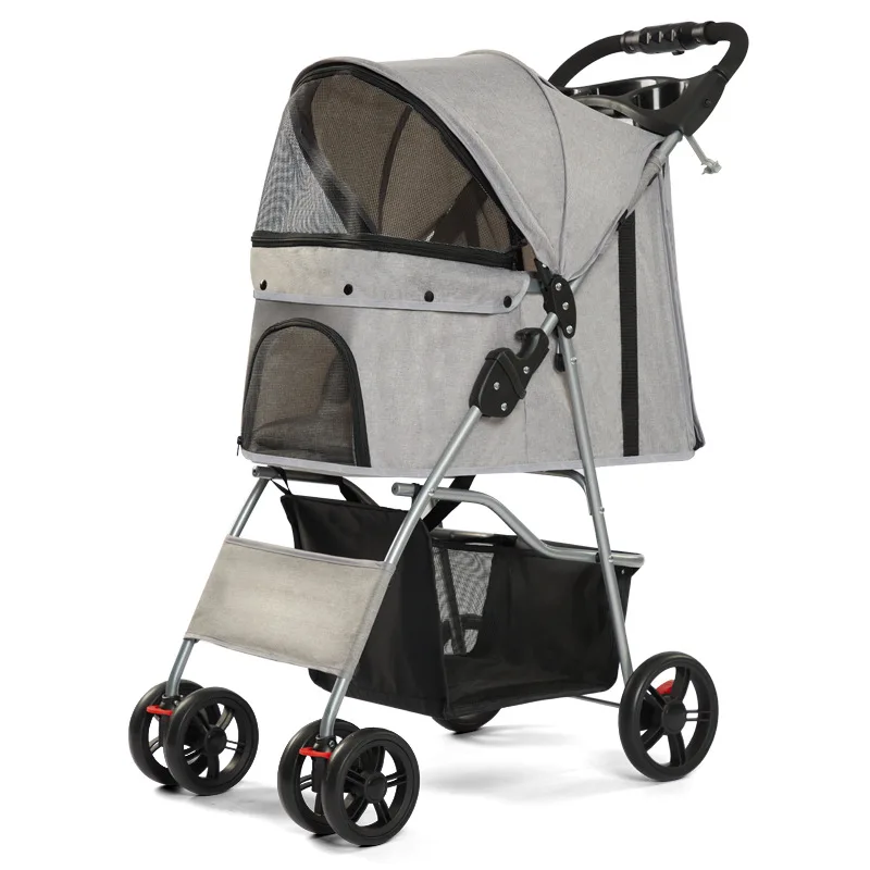 Foldable Pet Stroller for Small Dogs and Cats with 360 Degree Front Wheels, Rear Brakes, Mesh Windows, Cup Holder and Travel