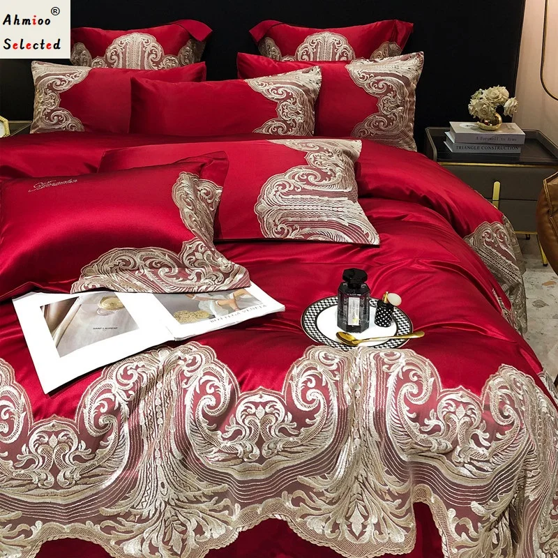 

2023 Brand New High-end Red Wedding Bedding Set Luxury Hollow out Lace Comforter Cover Cotton Duvet Cover Set Silkly Bedding set