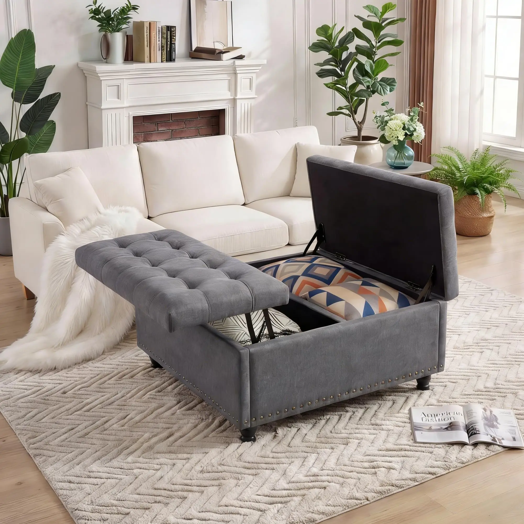 36 Inch Square Lift Top Storage Ottoman, Upholstered Ottoman Bench with 169L Large Hidden Storage Space, Tufted Padded Seat with Wood Legs, Multi-Functional Footrest Coffee Table or Extra Seating, 300 image 6