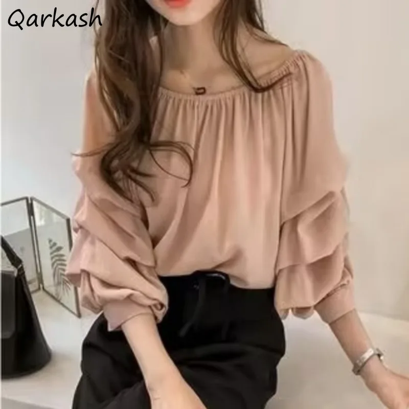 Blusa elegante para mulheres chique solta slash neck manga longa design sólido primavera outono all-match estilo coreano macio lazer feminino