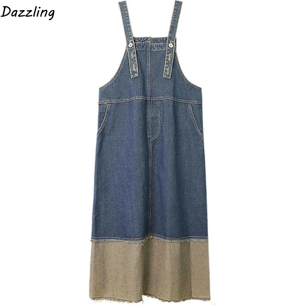 Simple Patchwork Cowboy Overalls Dress Loose Retro Denim Dress Women Chic Sleeveless High Waist Long Skirt Beach