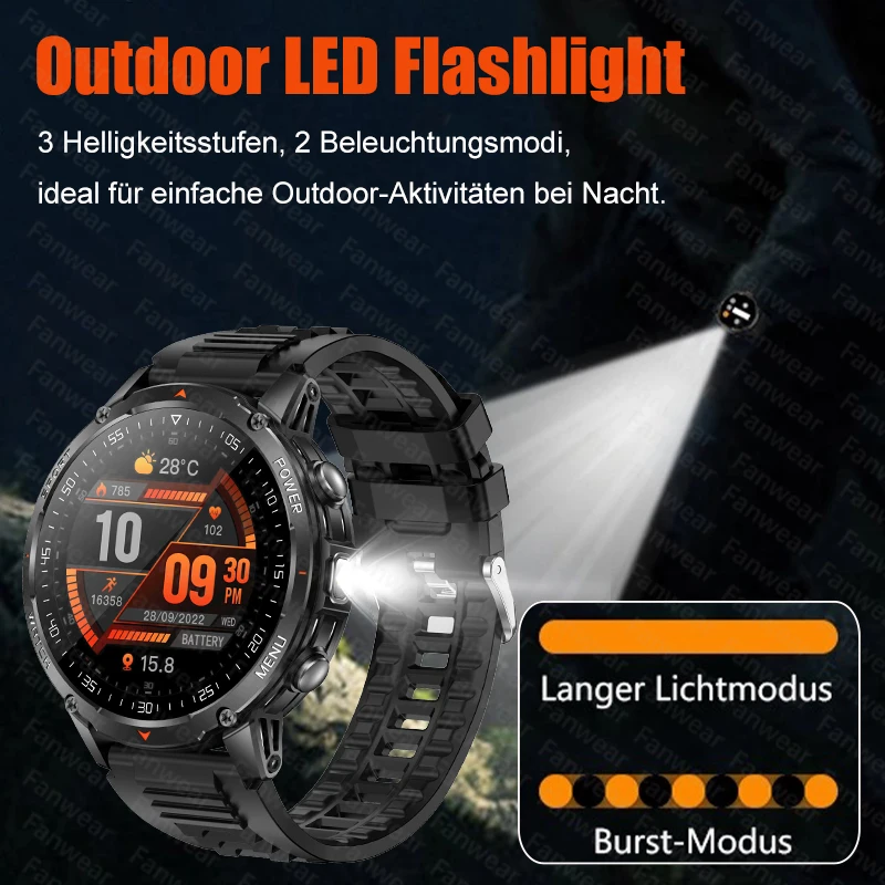 Fanwear New military outdoor rugged men's smart watch 1600mAh battery outdoor GPS LED flashlight waterproof Bluetooth call healt - view 3