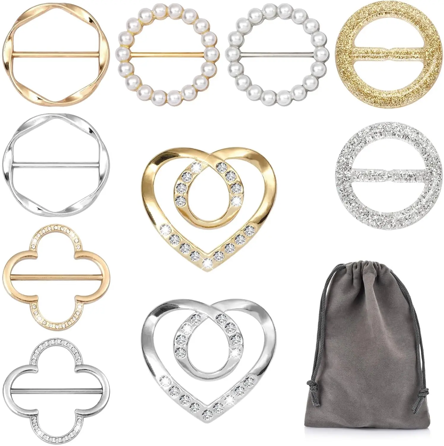 

10 Pcs Scarf Rings for Women, Pearl Belt Buckles, Dress Cinch Clips, Silk Scarf Ring with Storage Bag