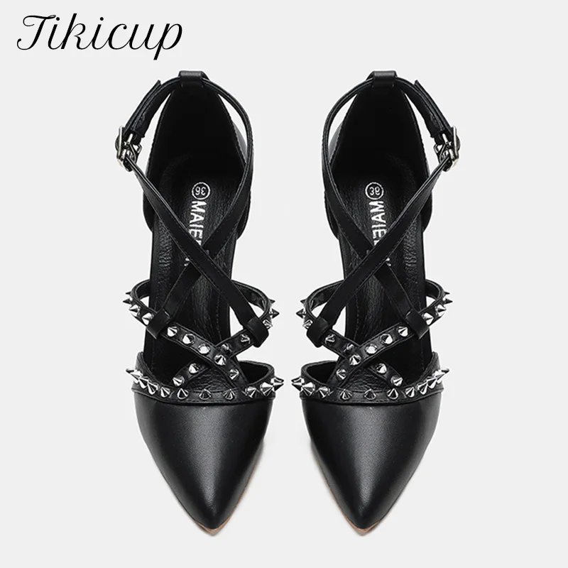 

Fashion Luxury Genuine Leather Cross 12cm Super High Heels For Women Sexy Rivet Black White Matte Stiletto Pumps Wedding Dress