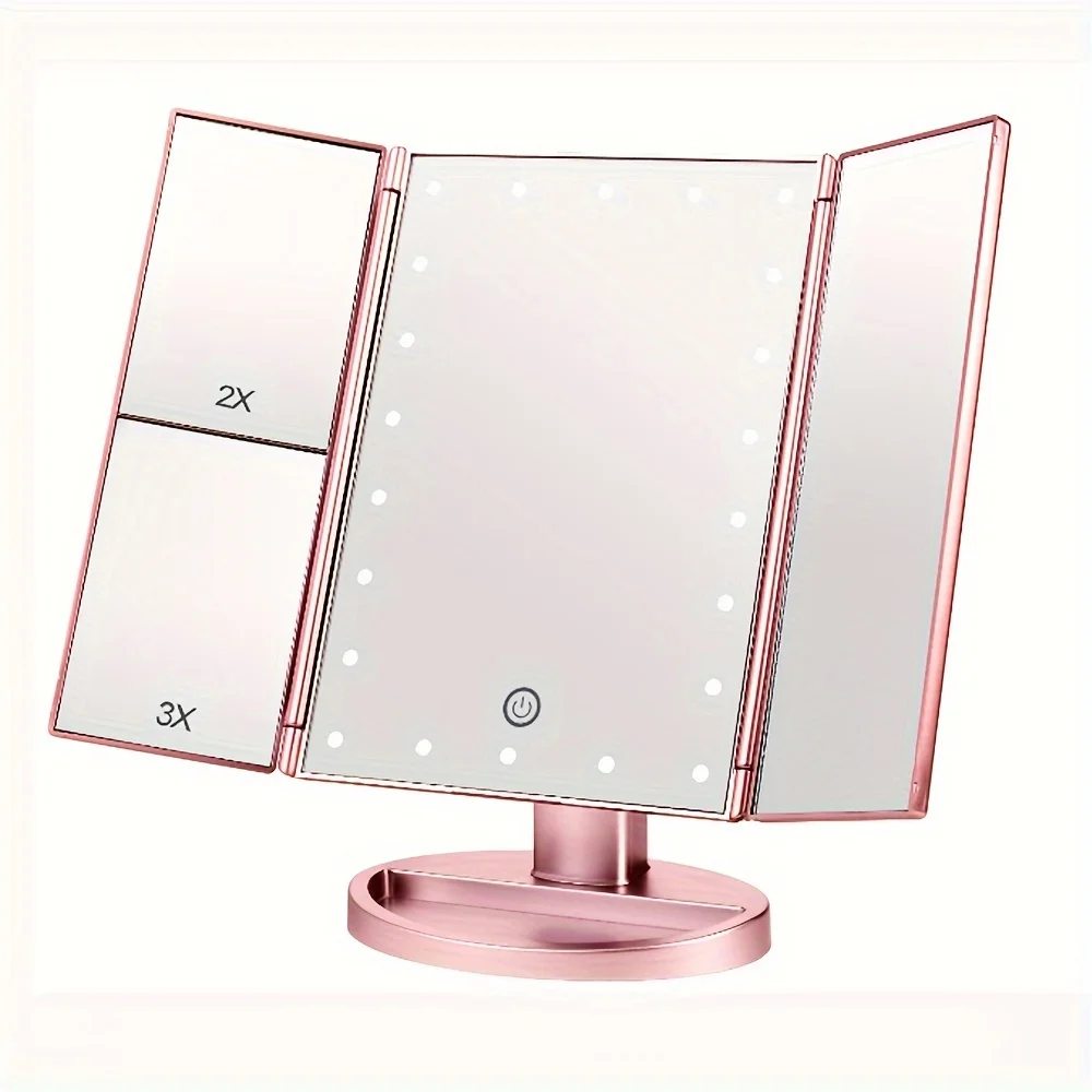 Tri-Fold LED Makeup Mirror with 3X Magnification -  Control, , Dual Power & Portable Design - The Perfect Gift for Beauty Lovers