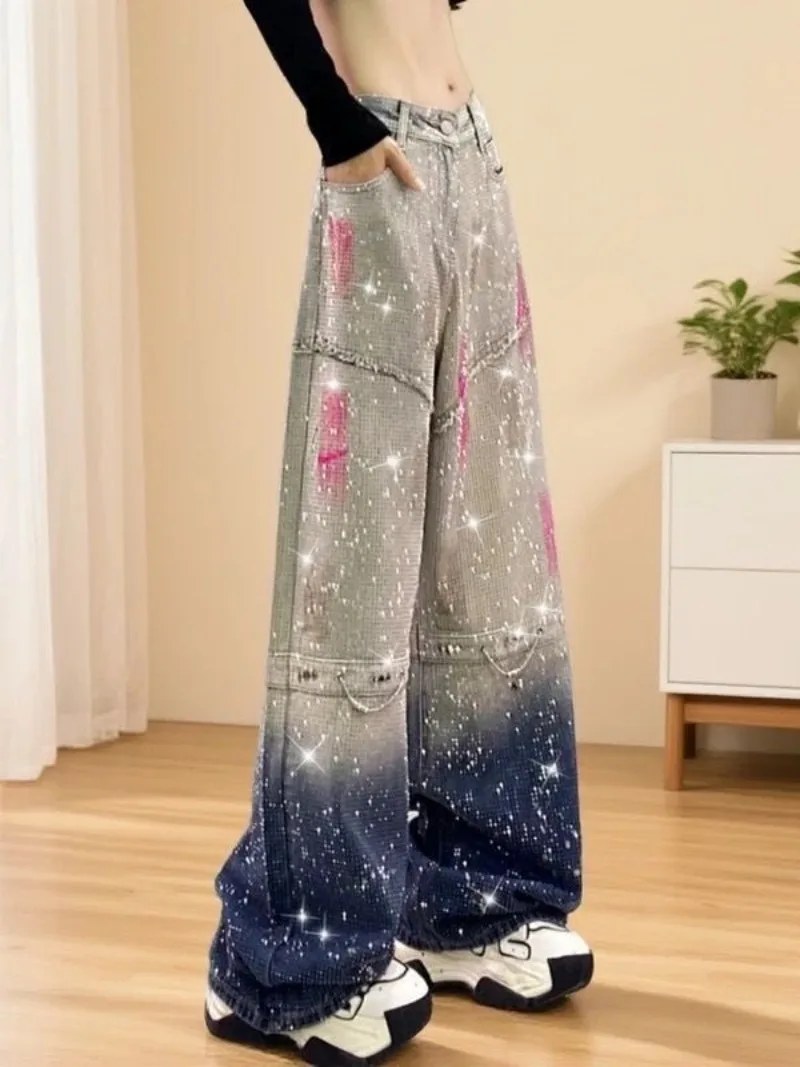 

2026 Women's Jeans Spring Autumn New Starry Sky Gradient Glitter Wide Leg Full Sky Star Hot Diamond Shining Straight Tube Jeans