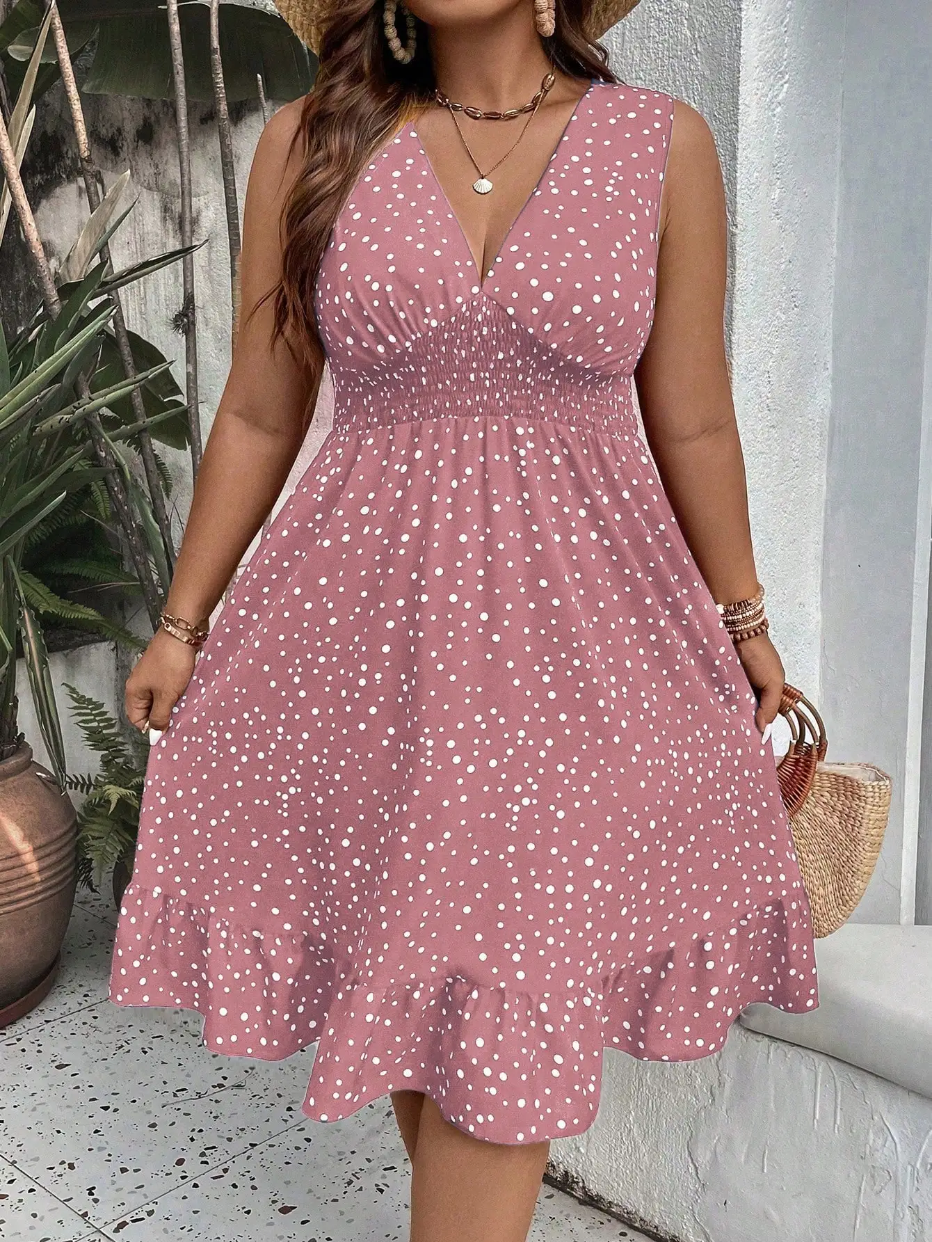

Plus Size V-Neck Sleeveless Boho Dot Print Summer Dress