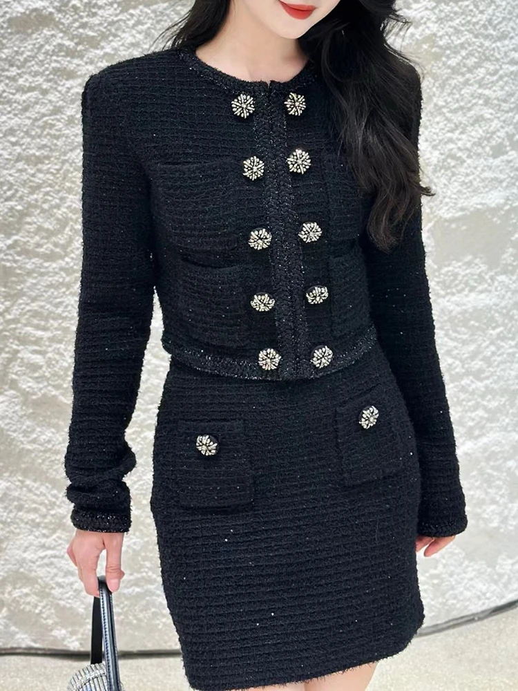 Double-breasted sequin knit cardigan jacket skirt suit temperament elegant round neck long sleeve short half-body skirt suit