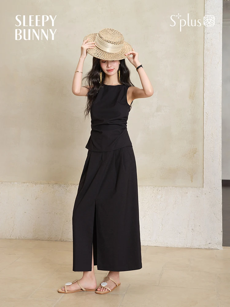 

Black Sleeveless Top Skirt Set Women Petite Slim Fit Shirt Split Hem Straight Maxi Skirt Summer Two Piece Elegant Matching Set