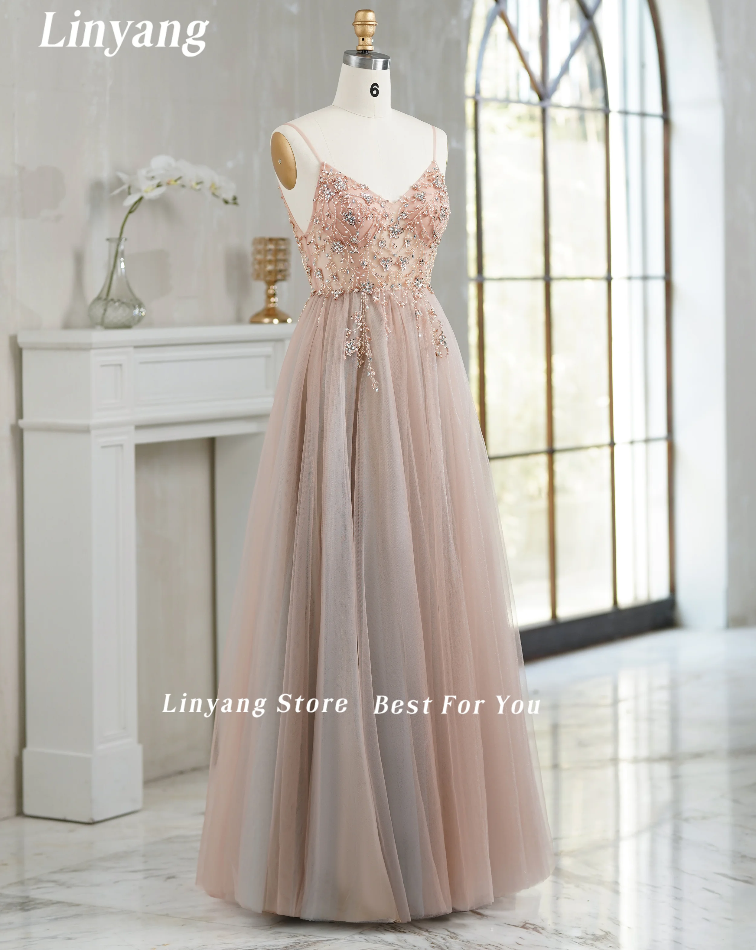 Linyang Luxury V Neck Prom Dress Floor Length Spaghetti Straps Beaded Evening Flowers Beaded Party Dress For Women 2023