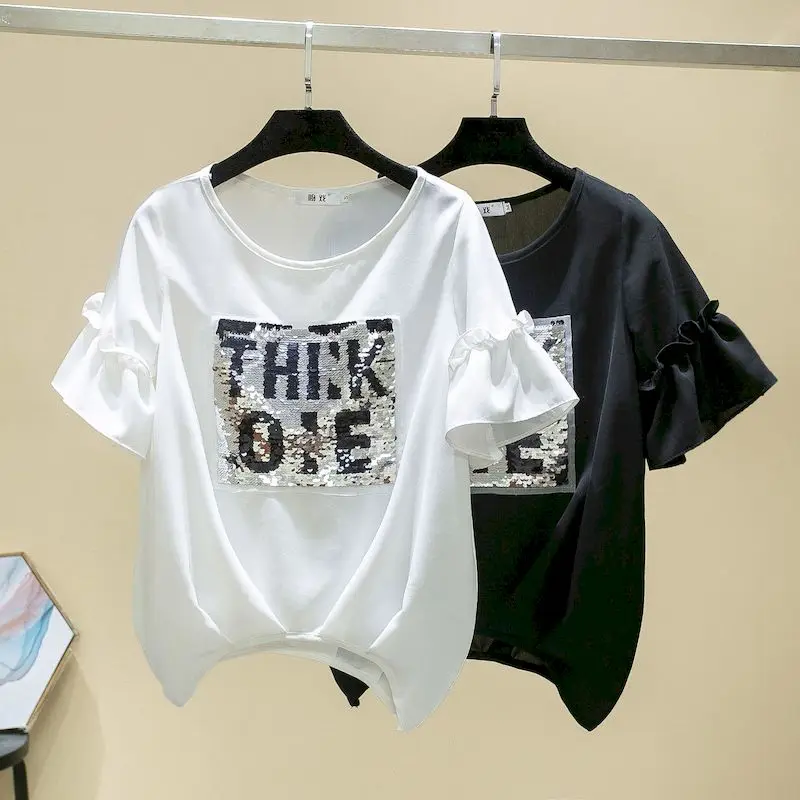 

Лето 2025 г., новая футболка, женская модная тенденция, топы с блестками, корейский стиль, свободная универсальная футболка с рукавами в виде листьев лотоса, топ с короткими рукавами