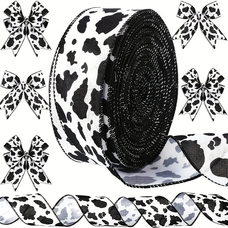 1pc 5 Yards Cow Print Ribbons Wired Edge Burlap White Black Craft Ribbon Gift Wrapping Ribbon  for Cow Theme Party Favor