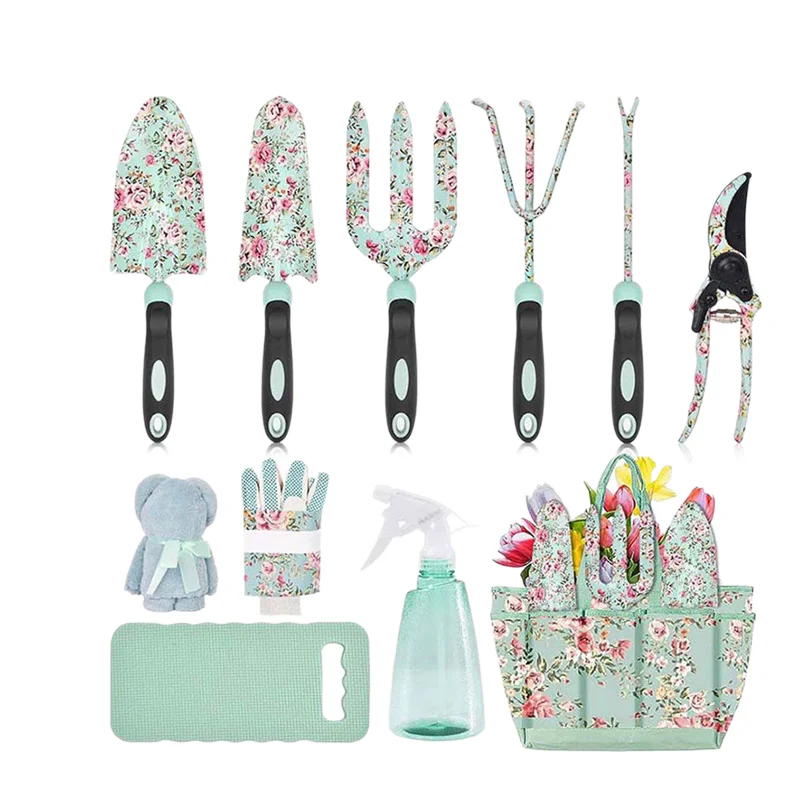 11 Piece Stainless Steel Gardening Tools Set with Trowel Weeder Pruning Shears and Spray Bottle for Outdoor Use