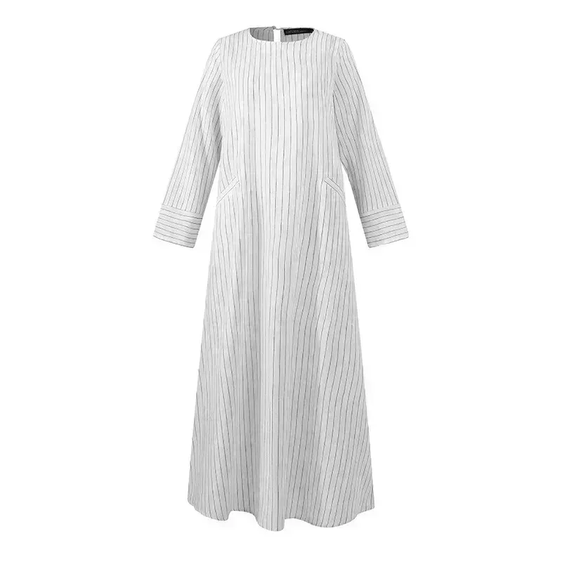 มุสลิม Abayas สําหรับผู้หญิง Retro ผู้หญิงผ้าฝ้ายและ Hemp Pullover รอบคอ A-Line กระโปรงชุดลําลองลาย Abayas