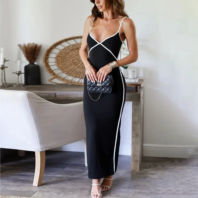 Vacation Beach Sexy Backless Halter Dress Black White Line Summer Elegant Slim Party Gown for Women V Neck Sleeveless Prom Dress