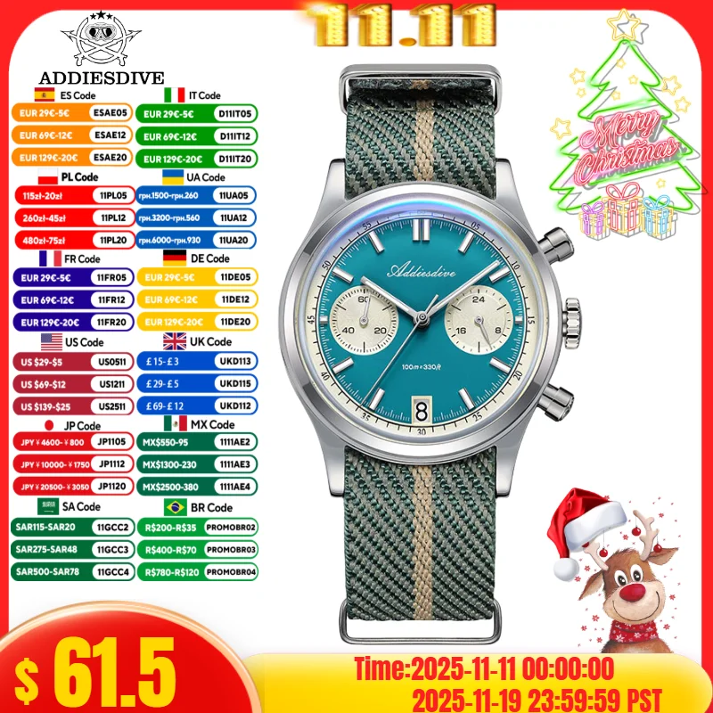 

ADDIESDIVE New 38mm Men Watch Luxury Chronograph VK64 Bubber Glass BGW9 Luminous 100m Waterproof Diving Swim Quartz Wristwatches