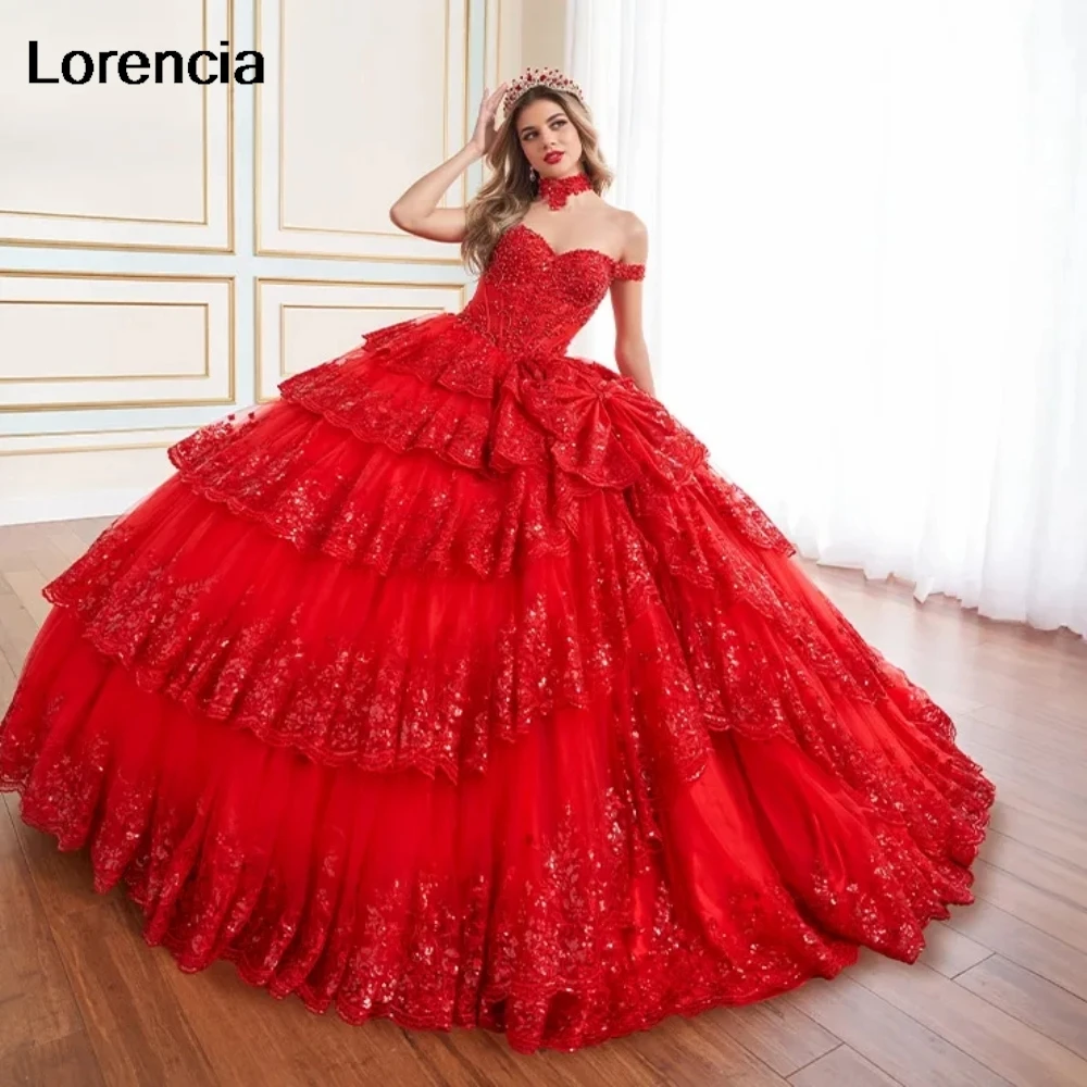 

Customized Sparkly Red Quinceanera Dress Ball Gown Tiered Sequins Applique Beading Corset Sweet 16 Vestidos De 15 Años YQD995