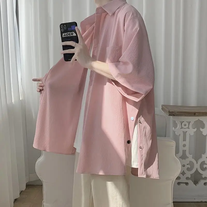 

Extra Large 300 Pou Ice Silk Seven Sve Men's irt Summer Thin Split Hem Button Design Casual Loose Fit American Sle