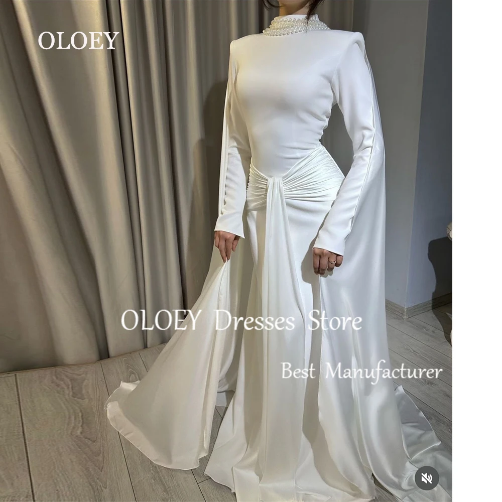 

OLOEY Luxury Ivory Mermaid Wedding Dress With Long Train Full Sleeves Bridal Gown Floor Length Pearls High Neck Custom Made