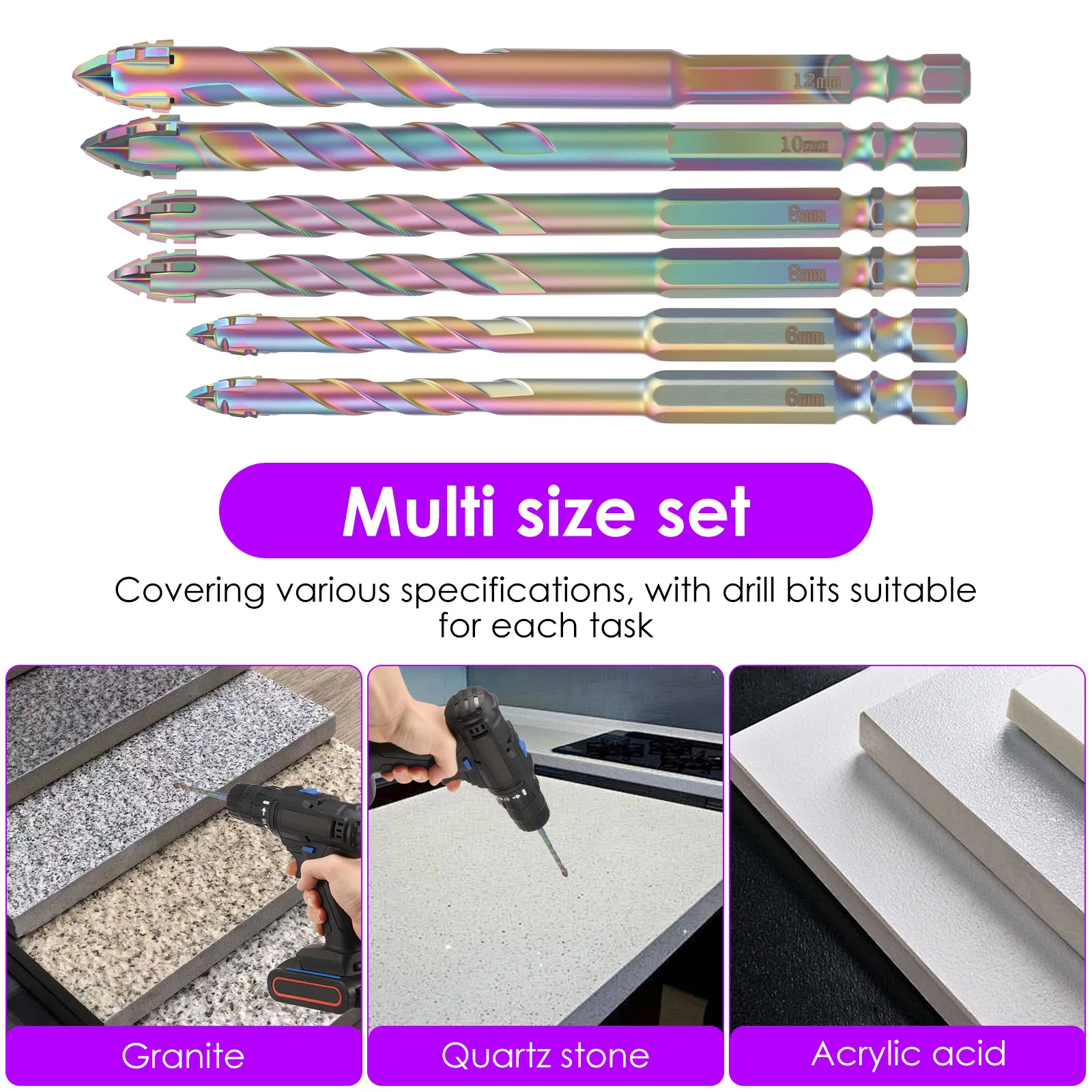 

5 шт. сверла для кладки, эксцентриковое сверло из карбида вольфрама, размеры 6,6,8,10,12 мм, сверло для бетона/стекла/чужина/плитки/дерева