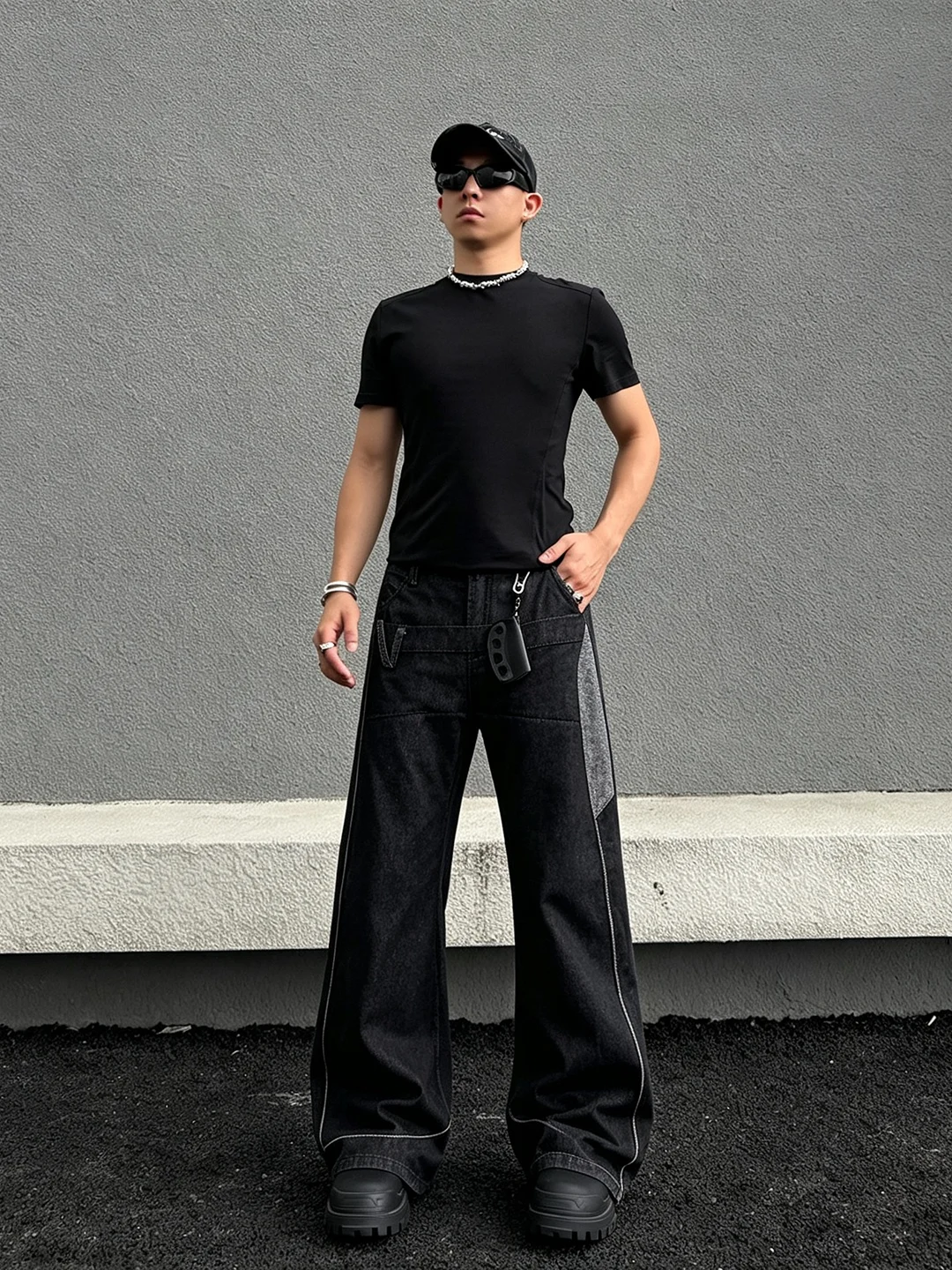 Calças Jeans Originais de Cintura Alta Estilo Americano Streetwear com Patchwork, Design Vintage Desconstruído, Efeito Duas P...