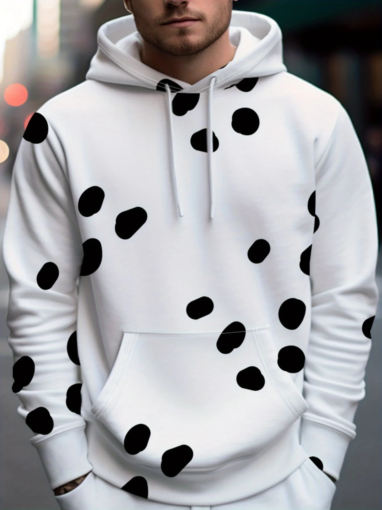 Men White Drawstring Hoodie Irregular Black Polka Dot Print Pocket Casual Long Sleeve Street Pullover Sweatshirt