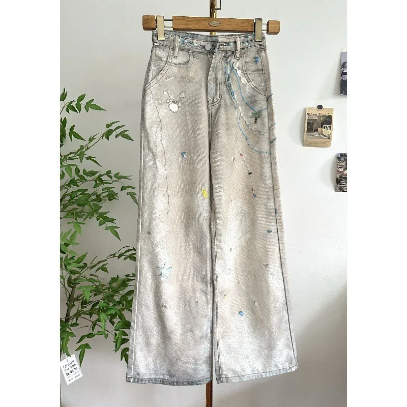 

Loose Wide Leg Denim Jeans Pearl Chain Printed Lace Straight Leg Women's Pants High Waist Blue Color Other Fabrics Medium Str...
